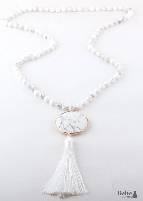 Boho Necklace, RH Amazonite Jasper, Circle Tassel Green White Natural Stone